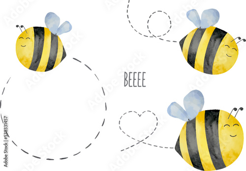 Set of watercolor cute bees with flight path, honey, summer theme. Honey design for baby.