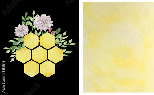Watercolor colorful big bees combs with flowers and leaves isolated on blsck background.
