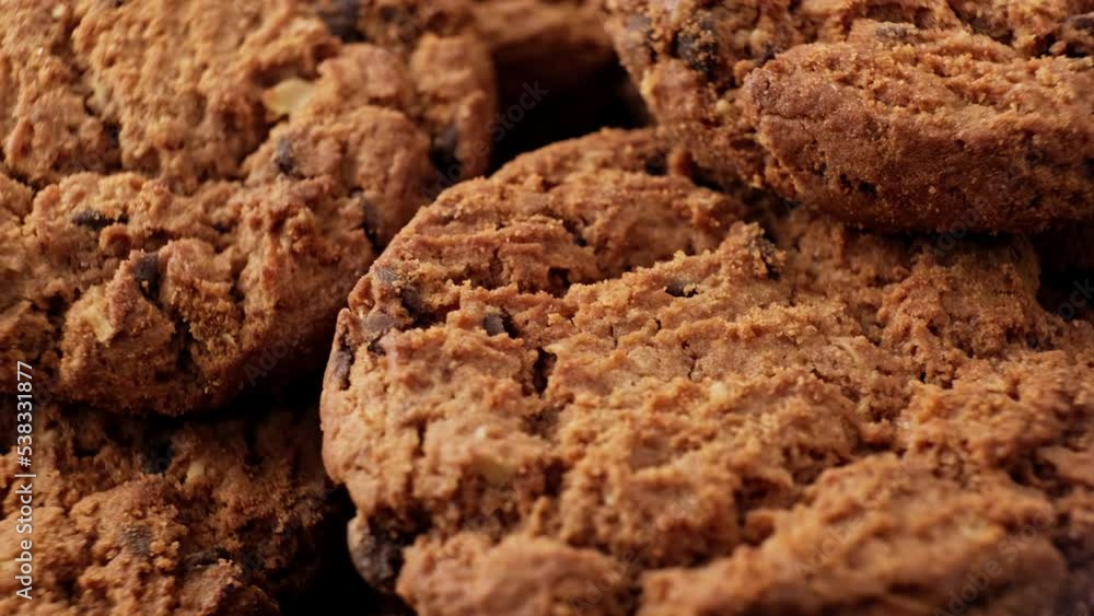 Gastronomy and food concept. Oatmeal cookies rotating. Homemade organic food. Close-up in 4K, UHD Gastronomy and food concept. Oatmeal cookies rotating. Homemade organic food. Close-up in 4K, UHD