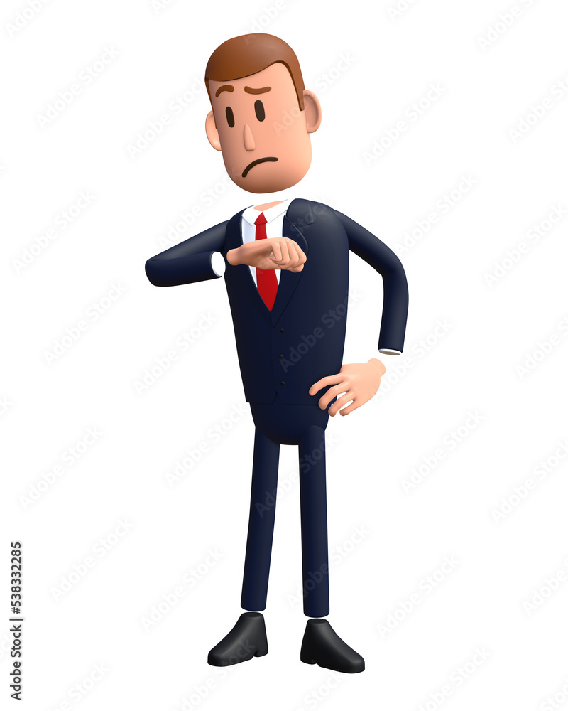 3D cartoon businessman with waiting gesture. Businessman 3D character