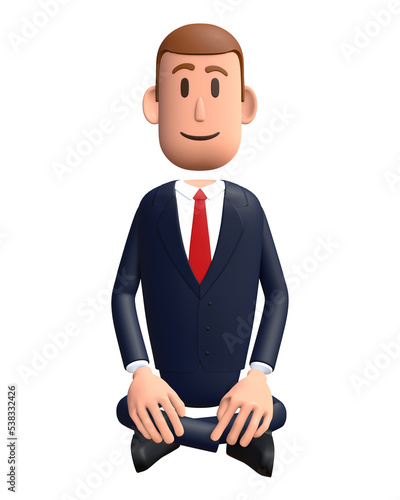 3D cartoon businessman with sit gesture. Businessman 3D character