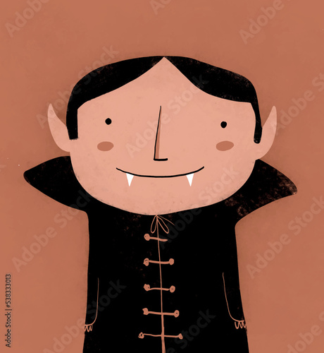 Cute Halloween Vector Illustration with Handsome Vampire in a Black Coat on a Grunge Brown Background. Hand Drawn Halloween Card with Funny Vampire. Crayon Drawing Style Spooky Print.