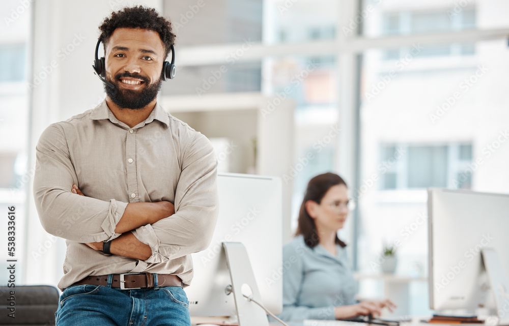 Call center, pride and businessman consulting, working and talking at a telemarketing company. Portrait of customer service employee and manager with arms crossed while giving support with a headset Call center, pride and businessman consulting, working and talking at a telemarketing company. Portrait of customer service employee and manager with arms crossed while giving support with a headset