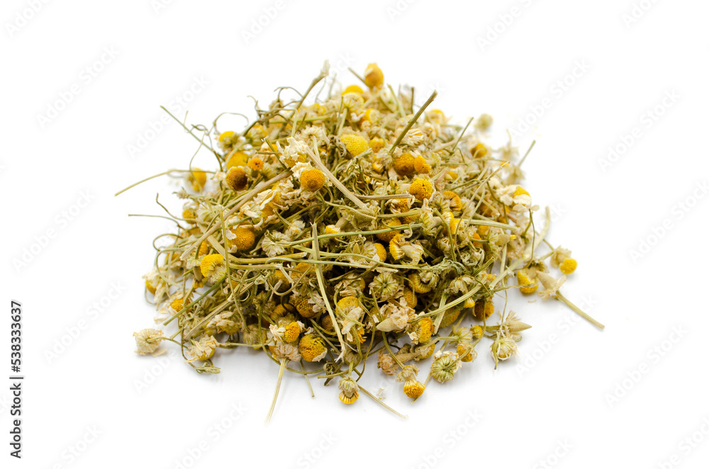 Dried chamomile tea isolated on white background