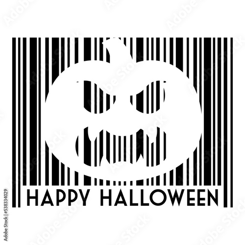 Logo con texto Happy Halloween con código de barras con líneas con calabaza en espacio negativo