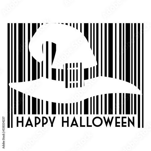 Logo con texto Happy Halloween con código de barras con líneas con silueta de sombrero de bruja de halloween en espacio negativo