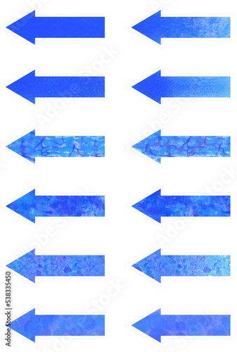 白縁付きの矢印記号セット、白枠付きの矢印記号セット、模様入り矢印記号、斑模様の記号、マーブリング模様の矢印記号、ブルー系の矢印