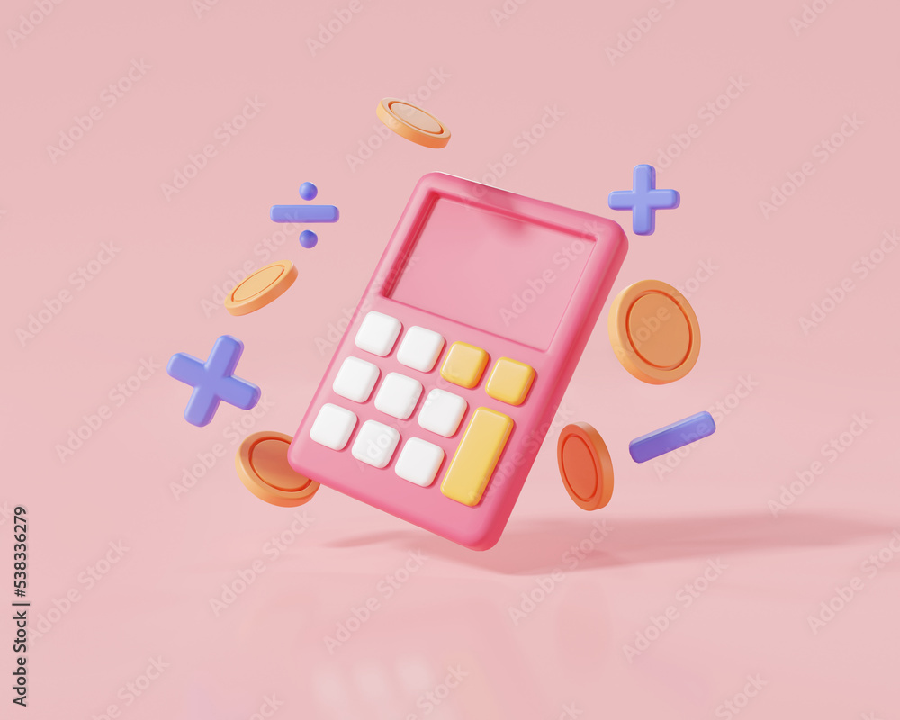 Pink calculator with plus, minus, multiplication, number divide. Math device calculate, calculator for accounting, Math Tool, finance education. Financial management concept. 3d render illustration - obrazy, fototapety, plakaty 