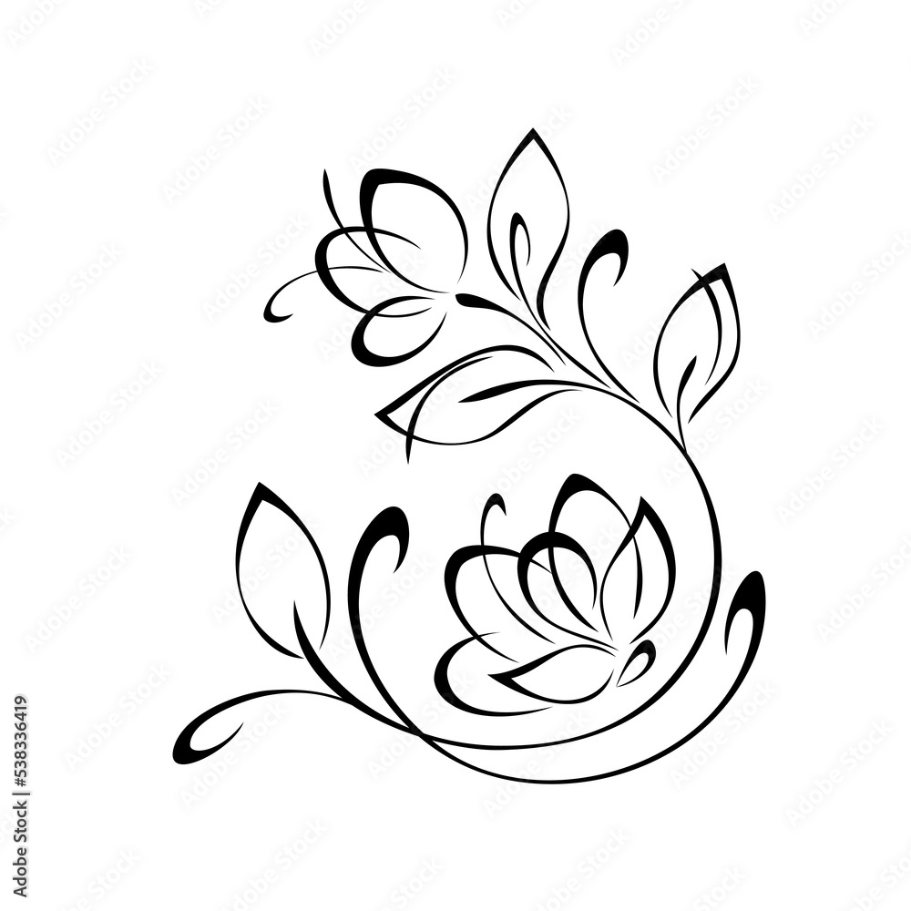 floral design with blooming flowers on stems with leaves and curls. graphic decor floral design with blooming flowers on stems with leaves and curls. graphic decor