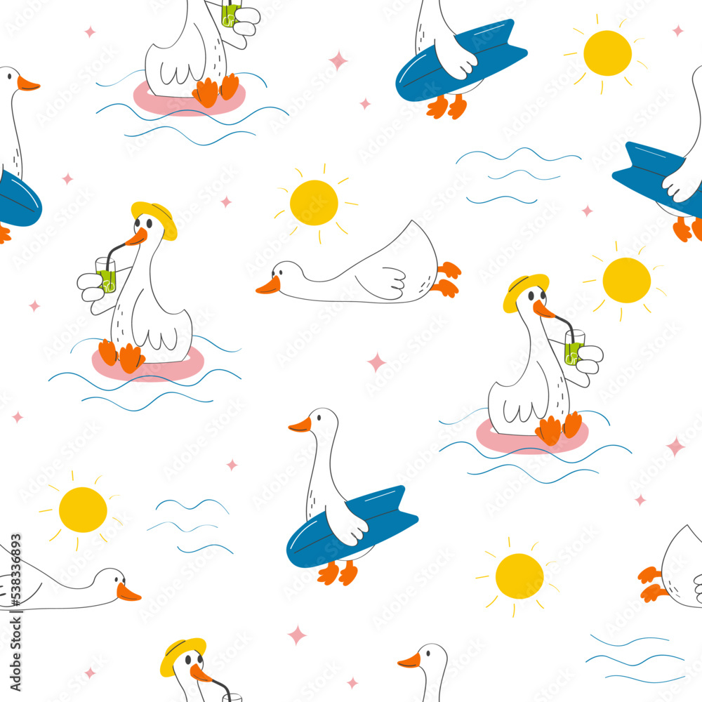Hand drawn pattern with cute cartoon goose, sun, sea. Illustration in hand drawn style for kids clothing, textiles, children's room design. Vector illustration Seamless pattern. Hand drawn pattern with cute cartoon goose, sun, sea. Illustration in hand drawn style for kids clothing, textiles, children's room design. Vector illustration Seamless pattern.