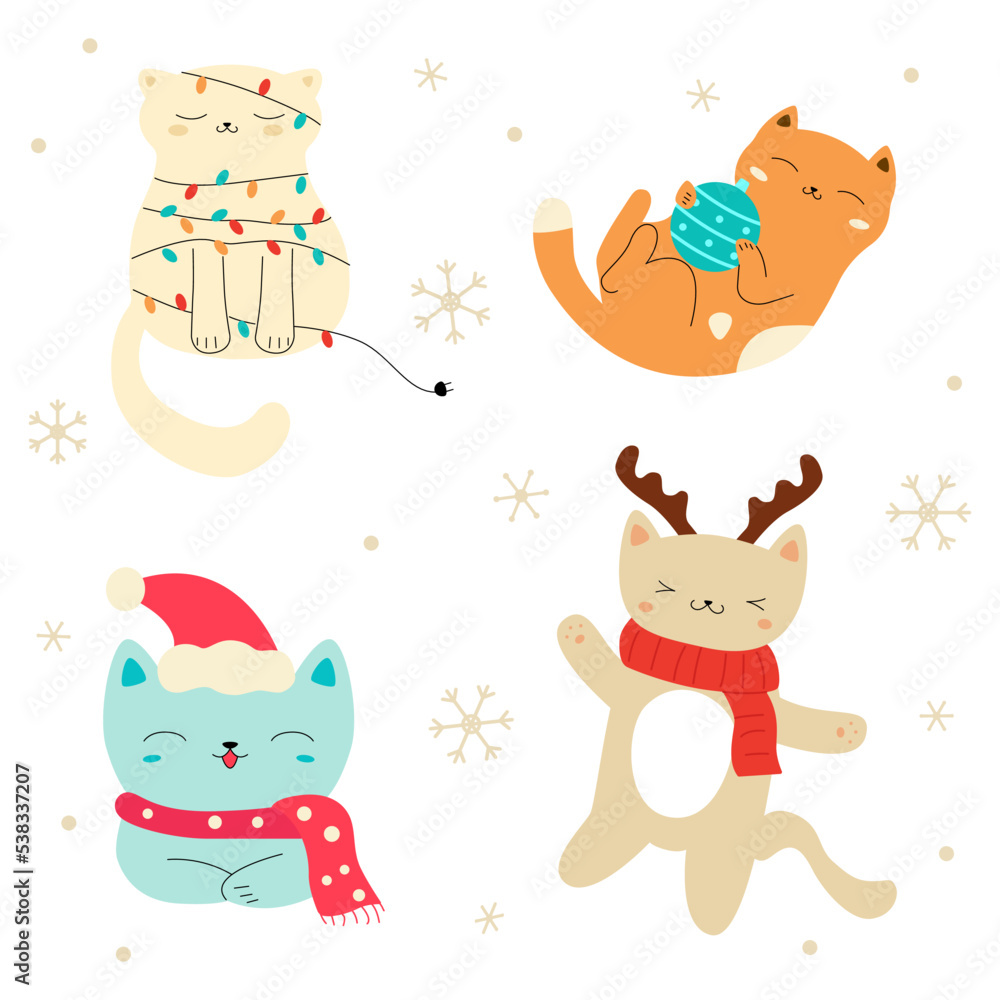 Naklejka premium Collection of Christmas cats isolated on white background. For winter New year and Christmas. Kitties in hats and scarfs. Stock vector illustration