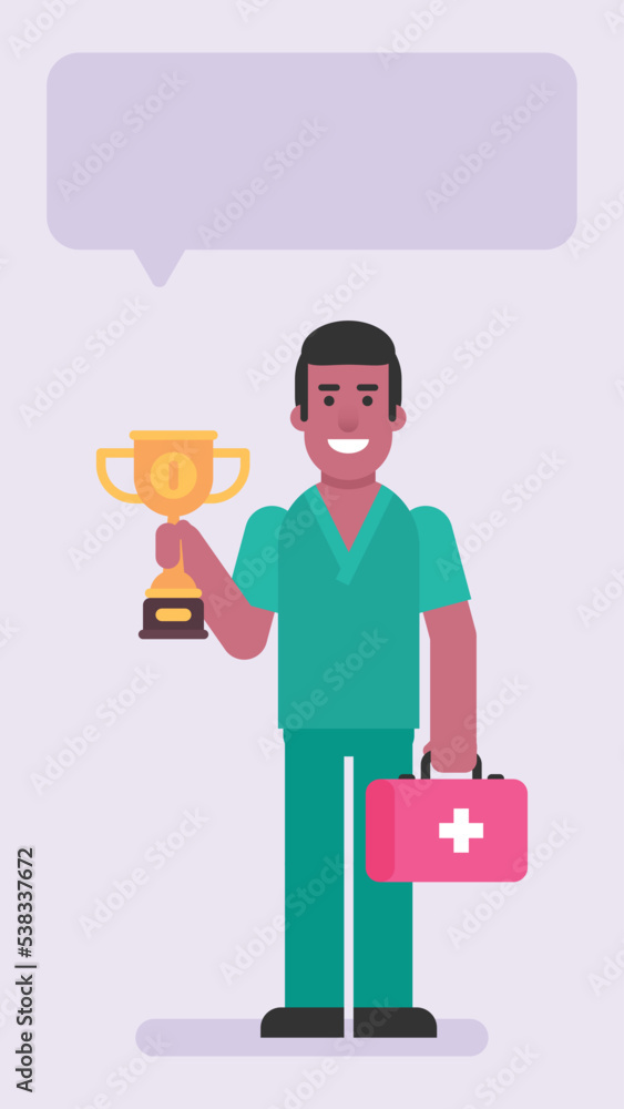 Nurse man holding suitcase and golden cup