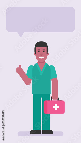 Nurse man holding suitcase and showing thumbs up