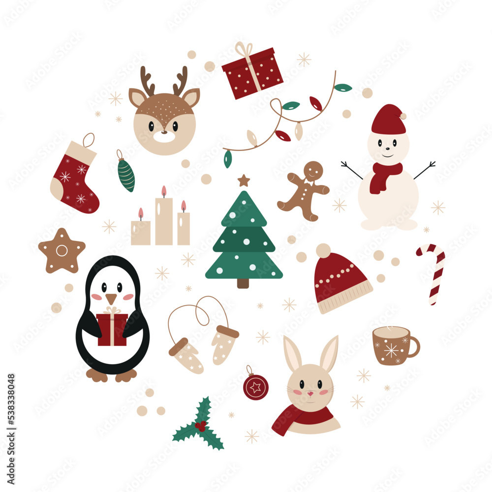 Circle set of Christmas and New Year elements in flat style. Cute animals and traditional symbols. Vector illustration
