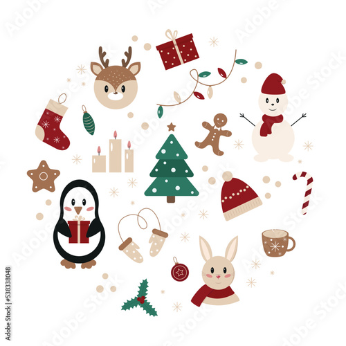 Circle set of Christmas and New Year elements in flat style. Cute animals and traditional symbols. Vector illustration