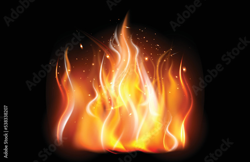 Realistic burning fire flames with shiny bright elements.