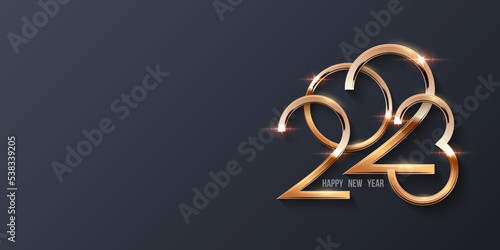 2023 Happy New Year greeting card vector template. Festive Christmas social media banner design with congratulations. Golden numbers in frame with confetti realistic illustration