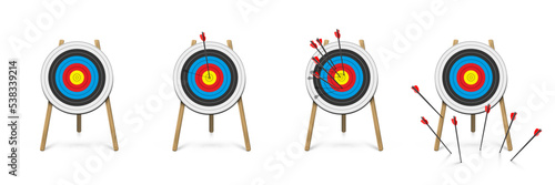 3d archery target set, front view, isolated dartboard collection with arrows hit or miss