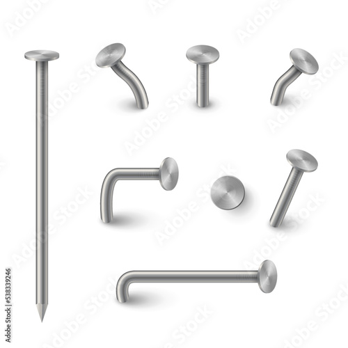 3d iron nail set, metal pins with circle heads, straight and bent steel hardware spikes