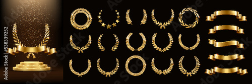 Set of golden ribbons, laurel wreaths of different shapes for 3d winners gold podium photo