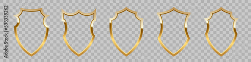 Gold shield frames set vector illustration. Realistic isolated golden armory trophy with metal coat, 3d luxury safety protection emblem of different shapes, vintage blank shiny royal award collection