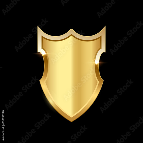 Gold shield vector illustration. Realistic isolated golden armory trophy with metal coat, 3d luxury safety protection emblem, vintage blank shiny royal award