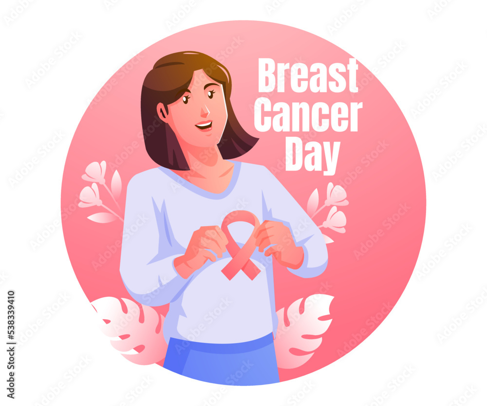 A smiling woman with pink satin ribbon symbolizing International Breast Cancer Day A smiling woman with pink satin ribbon symbolizing International Breast Cancer Day