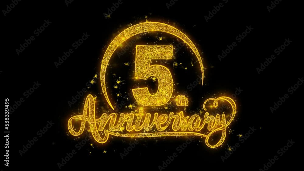 5th Happy Anniversary typography text Reveal from Golden on Glitter Shiny Magic Particles Sparks. For Greeting Card, Celebration, Wishes, Events, Message, holiday, festival concept