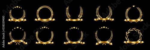 Golden laurel wreath with ribbon set vector illustration. Winner award with leaves and stars, trophy, gold certificate or birthday congratulation for ceremony isolated on black.