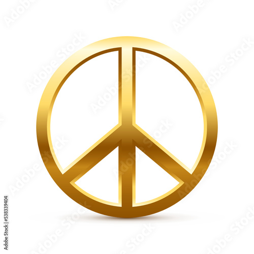 3d gold sign of peace, golden circle symbol of global love, hippie pacifists and hope