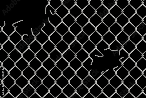 Holes in wire mesh of steel fence vector illustration. 3d realistic torn metal chains of net cage or construction barrier, broken boundary iron wires and chainlink of prison or metallic safety border