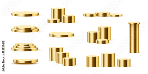 Display podium scene with geometric golden platform set vector illustration. 3d realistic soft gold cylinder stage with stairs in showroom, collection of pedestals for cosmetic products with shadow