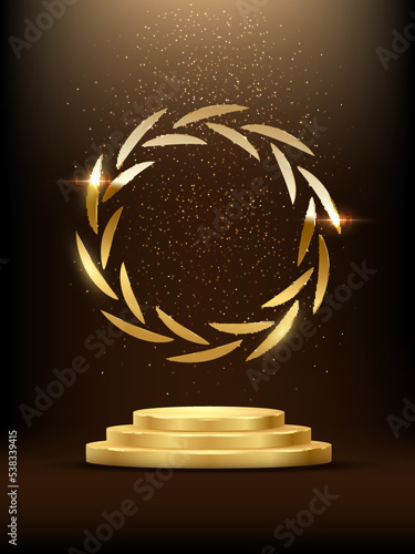 Golden wreath of leaves in circle shape, confetti and light falling on 3d winners podium