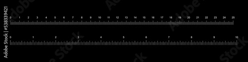 Ruler tape set with vertical white line divisions and numbers to measure length vector illustration. Simple school tool 10 inches and 25 centimeters long, objects for math lesson on black background