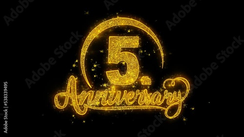 5th Happy Anniversary typography text Reveal from Golden on Glitter Shiny Magic Particles Sparks. For Greeting Card, Celebration, Wishes, Events, Message, holiday, festival concept photo