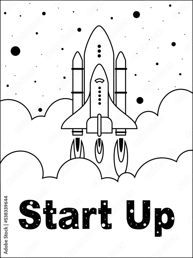 Start Up text and launch spaceship. Concept flat vector illustration in black and white colors Start Up text and launch spaceship. Concept flat vector illustration in black and white colors