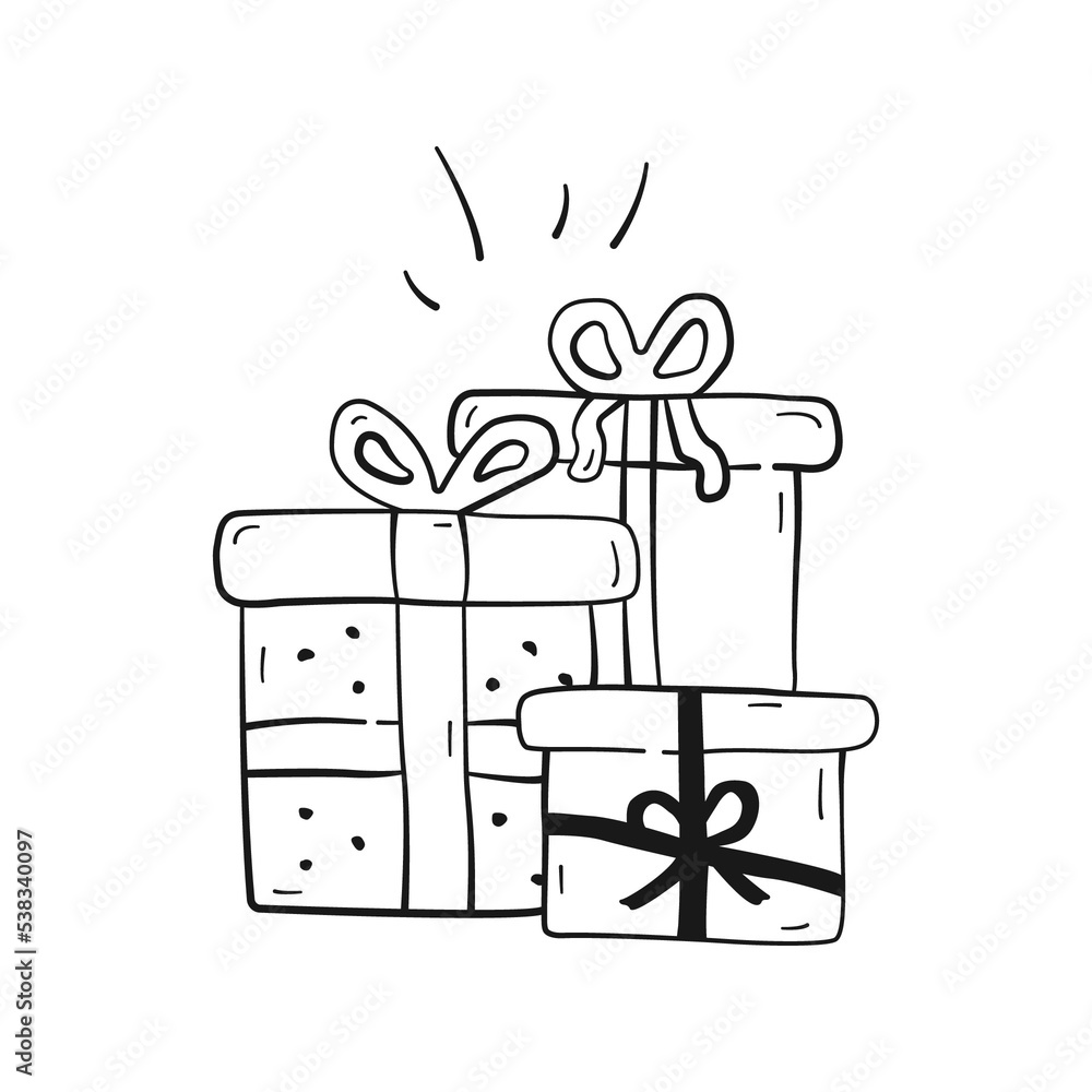 Doodle gift boxes with ribbon and bow. Black linear hand drawn gift