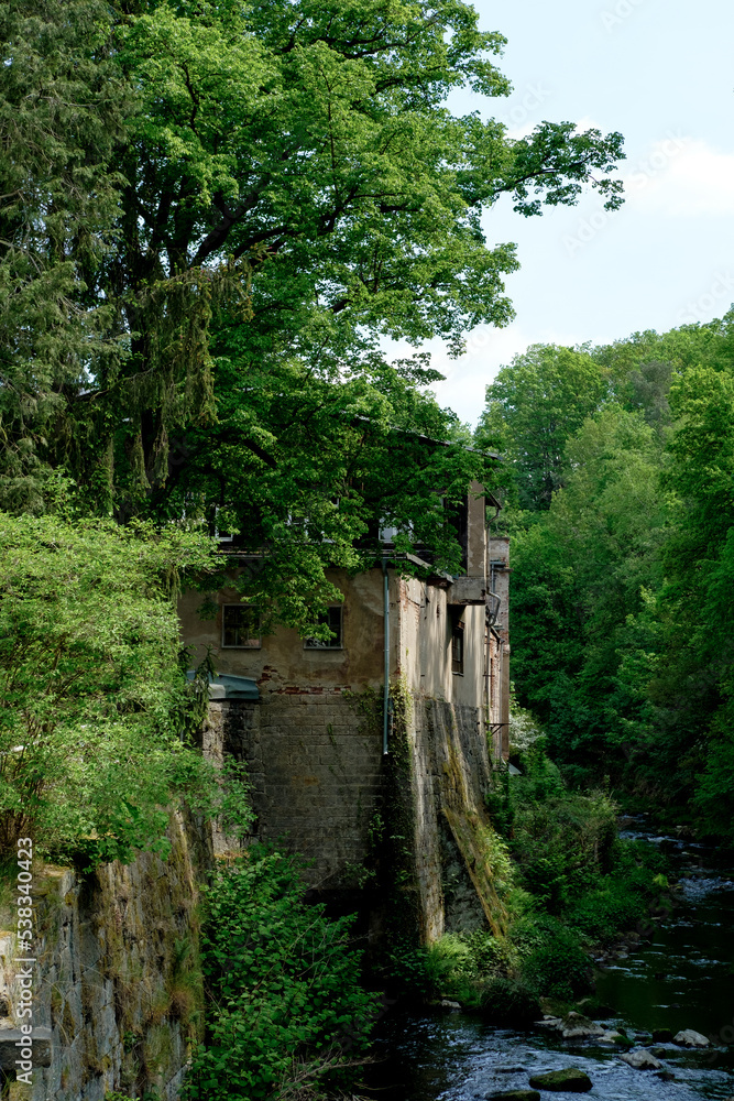 old buidling by a river in a forest old buidling by a river in a forest