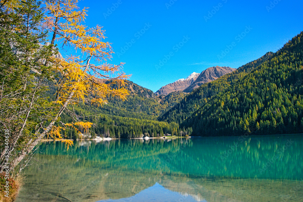 The beautiful lake Antholz in the italian alps, in South Tyrol The beautiful lake Antholz in the italian alps, in South Tyrol