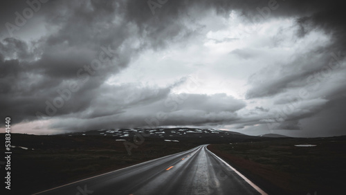 Road in Arctic Norway, on a dark rainy day 