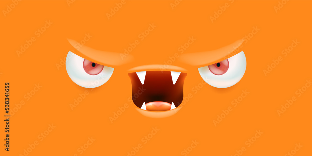 Vector angry orange monster face with open mouth with fangs and evil eyes isolated on orange horizontal background. Halloween cute and angry monster design template for poster, banner and tee print Vector angry orange monster face with open mouth with fangs and evil eyes isolated on orange horizontal background. Halloween cute and angry monster design template for poster, banner and tee print