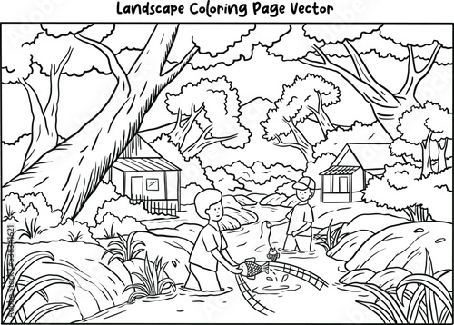 landscape coloring page vector for adult