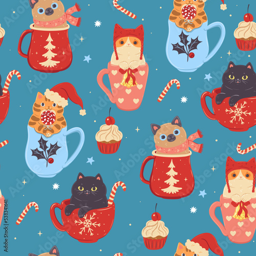 Seamless pattern with Christmas cats in mugs. Vector graphics.