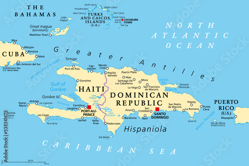 Hispaniola and surroundings, political map. Caribbean island, divided into Haiti and Dominican Republic, part of Greater Antilles, next to Cuba, The Bahamas, Puerto Rico, and Turks and Caicos Islands.