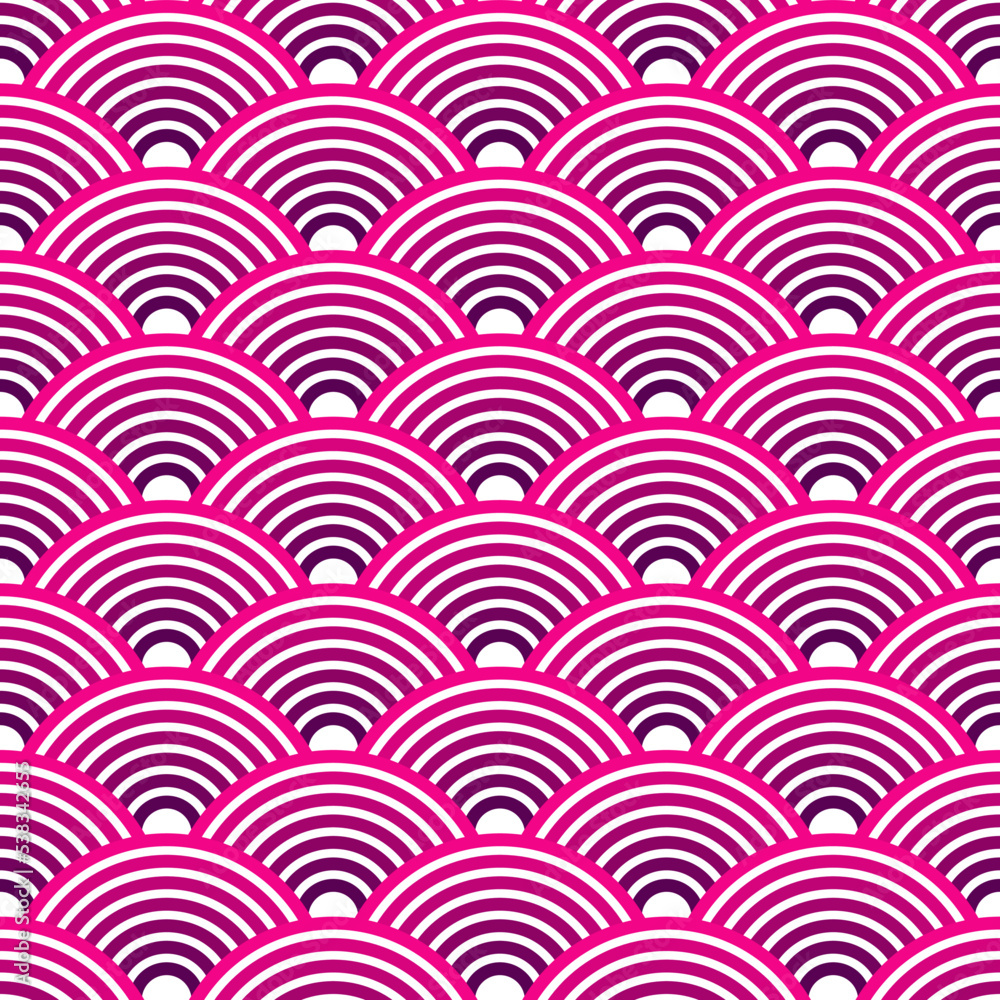 Seigaiha inspired botanic pattern seamless vector texture, upward, ready for desktop wallpaper, design elements, clipart, fabric patterns and wrapping paper for gifts, magenta toning Seigaiha inspired botanic pattern seamless vector texture, upward, ready for desktop wallpaper, design elements, clipart, fabric patterns and wrapping paper for gifts, magenta toning