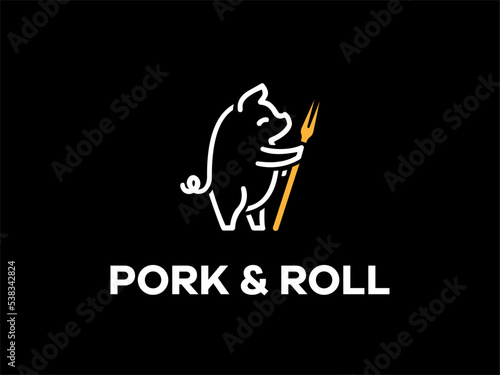 Standing pork logo in line art style template for restaurant cafe farm