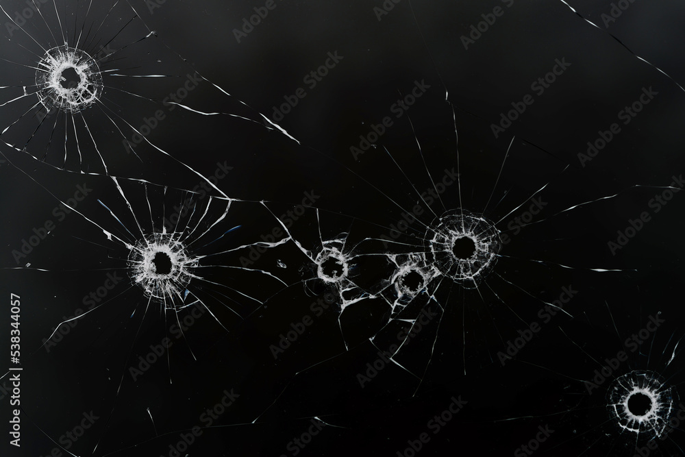 bullet hole on glass black background for overlay, transparent window - obrazy, fototapety, plakaty 