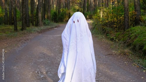 A child in sheets with cutout for eyes like a ghost costume dancing in an autumn forest scares and terrifies. A kind little funny ghost. Halloween Party, slow motion 4k