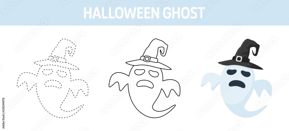Ghost With Hat tracing and coloring worksheet for kids