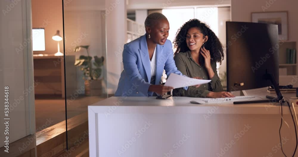 Business woman coaching worker at night modern office, planning documents research and company strategy. Female team employees working overtime on report collaboration, idea analysis and conversation
